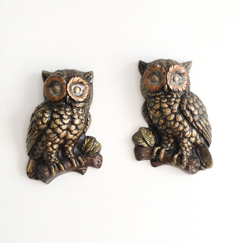 Vintage Hanging Owl Pair Wall Decor Set Art Retro