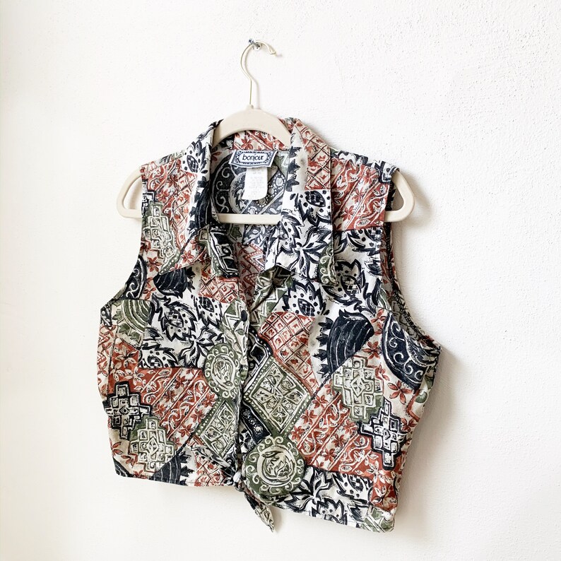 Vintage Sleeveless Tie-Front Top Cropped Tie-Front Blouse