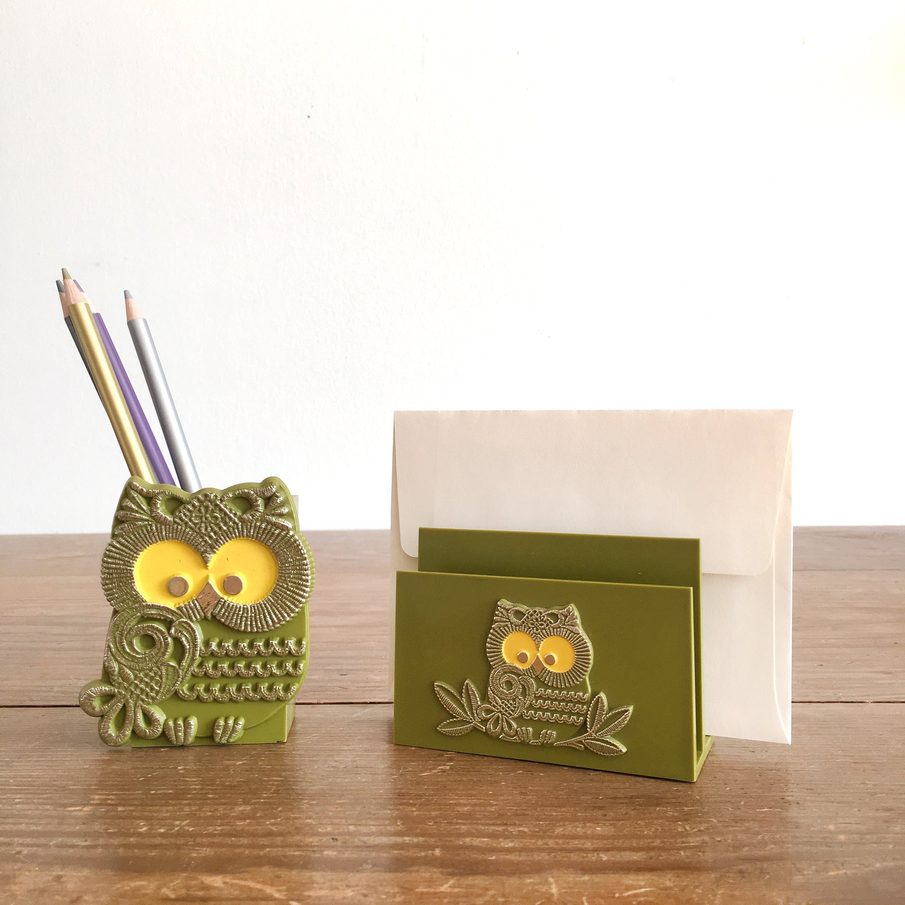 Vintage Owl Desk Organizer Set Avocado Green Pencil Cup Letter Holder Accessories Decor