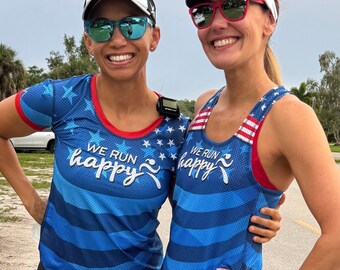 July 4, Fourth of July Americana USA flag colors Running Tech Shirt and Singlet WOMEN.
