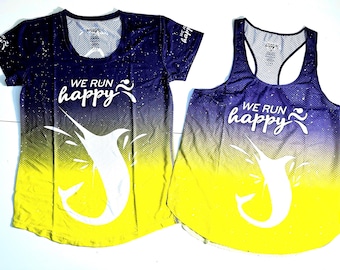 Swordfish Navy Yellow Marathon Running Tech Shirt and Racerback - We Run Happy FINAL SALE