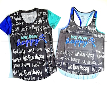 Run Happy Blue Green Marathon Running Tech Shirt and Racerback - FINAL SALE