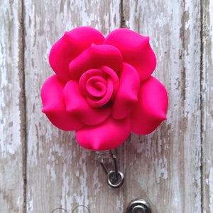 Hot Pink Rose Badge Reel, Retractable Id Badge Reel, Nurse Badge Reel, Gift for Nurse, Name Badge Holder, Badge Pull ID Tag Clip, Pink Rose