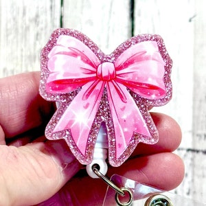 Pink Bow Badge Reel, Glitter Coquette Bow Badge Holder, Girly Badge Clip, Badge Reel for Nurses, Pretty Bow Badge, Acrylic Badge Reel, NICU