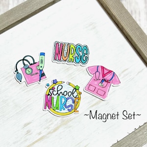 May include: Set of four colorful magnets featuring school nurse themed designs. The magnets include a stethoscope, a blood pressure cuff, a thermometer, a school nurse badge, and the words "School Nurse".