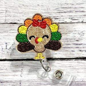 Turkey Badge Reel, Turkey Feltie Id holder, Thanksgiving Badge Pull, Id Badge Reel Fall Name Tag Holder, Fall Badge Reel, Designer Badge