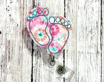 Labor And Delivery Badge Reel, Pink Tie Dye Baby Feet Badge Reel, Newborn Nurse Badge Holder, NICU Badge Reel, Baby Nurse Badge Reel, Retro