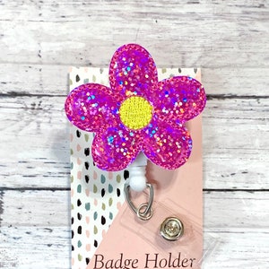 Glitter Flower Badge Reel, Daisy Badge Holder, Nurse Badge Reel Retractable Badge, Floral Badge Clip Pink Flower Badge Reel, Spring Badge