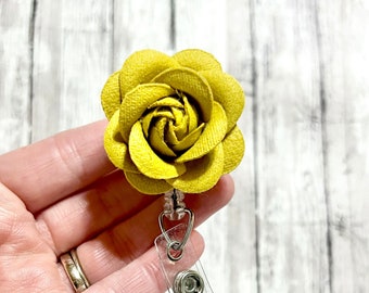 Yellow Fabric Rose Badge Reel, Mustard Fabric Rose Badge, Rose Flower ID Holder, Medical Worker Gift, NICU Nurse, Secretary Name Tag Holder