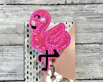 Flamingo Badge Reel, Summer Badge Pull, Holographic Badge Clip, Girly Badge Reel, ID Name Tag Holder, Animal Badge Reel, Badge Reel Topper