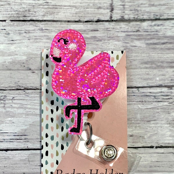 Flamingo Badge Reel, Summer Badge Pull, Holographic Badge Clip, Girly Badge Reel, ID Name Tag Holder, Animal Badge Reel, Badge Reel Topper