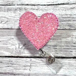 Pink Heart Badge Reel, Chunky Glitter Heart Badge Reel, Heart Badge Holder, Nurse Badge Reel, Teacher Badge Holder, Badge Pull Badge Clip,