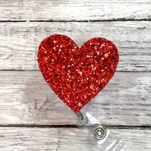 Nurse Badge Reel RED Heart Badge Reel, Medical Badge Holder, Retractable Id Badge Reel, Nurse Week Gift, Chunky Glitter Name Badge Pull