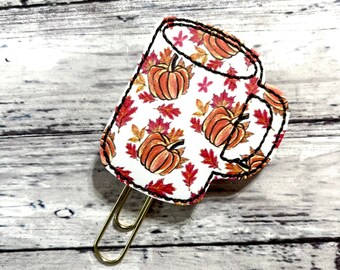 Pumpkin Coffee Mug Bookmark, Fall Planner Paperclip, Thanksgiving Bookmark, Cute Page Marker, Pumpkin Paper Clip, Coffee Planner Paperclip,