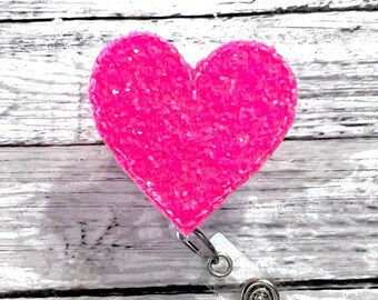 Nurse Badge Reel NEON PINK Heart Badge Reel, Medical Badge Holder, Retractable Id Badge Reel, Nurse Week Gift, Chunky Glitter NameBadge Pull