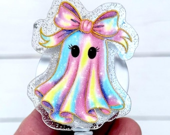 Porta credencial de fantasma lindo, porta credencial de fantasma retro, clip de credencial de fantasma coqueto, credencial de fantasma con lazo rosa, bonito porta credencial de fantasma de Halloween, femenino