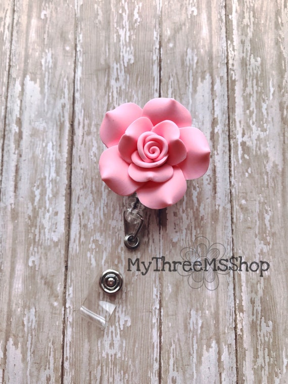 Pink Rose Crystal Pearl Badge Reel - Magnetic Retractable ID Holder For Nurses & Teachers