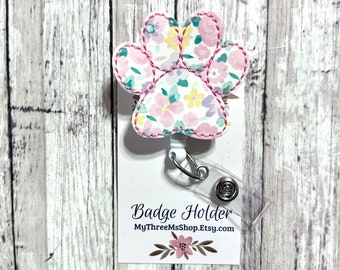 Floral Paw Print Badge Reel, Animal Badge Reel, Interchangeable Badge Topper, Badge Buddy, Nurse Badge Reel, RN Badge Reel, Medical Badge