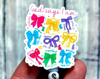 God Says I am Badge Holder, Positive Affirmation Badge Holder, Bible Verse Badge Id Clip, Coquette Bow Jesus Badge Gift, Christian Faith God