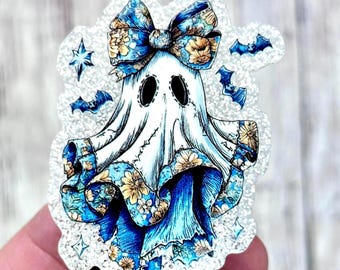 Porta credencial de fantasma, porta credencial de fantasma con flores azules, porta credencial de fantasma coqueta, clip para credencial de fantasma con purpurina, porta credencial de fantasma vintage, retro