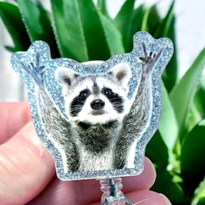 Rockin Raccoon Badge Reel, Funny Raccoon Badge Holder, Rock Out Badge Reel, Love Raccoons, Glitter Raccoon Badge, Unhinged Raccoon Badge image 1