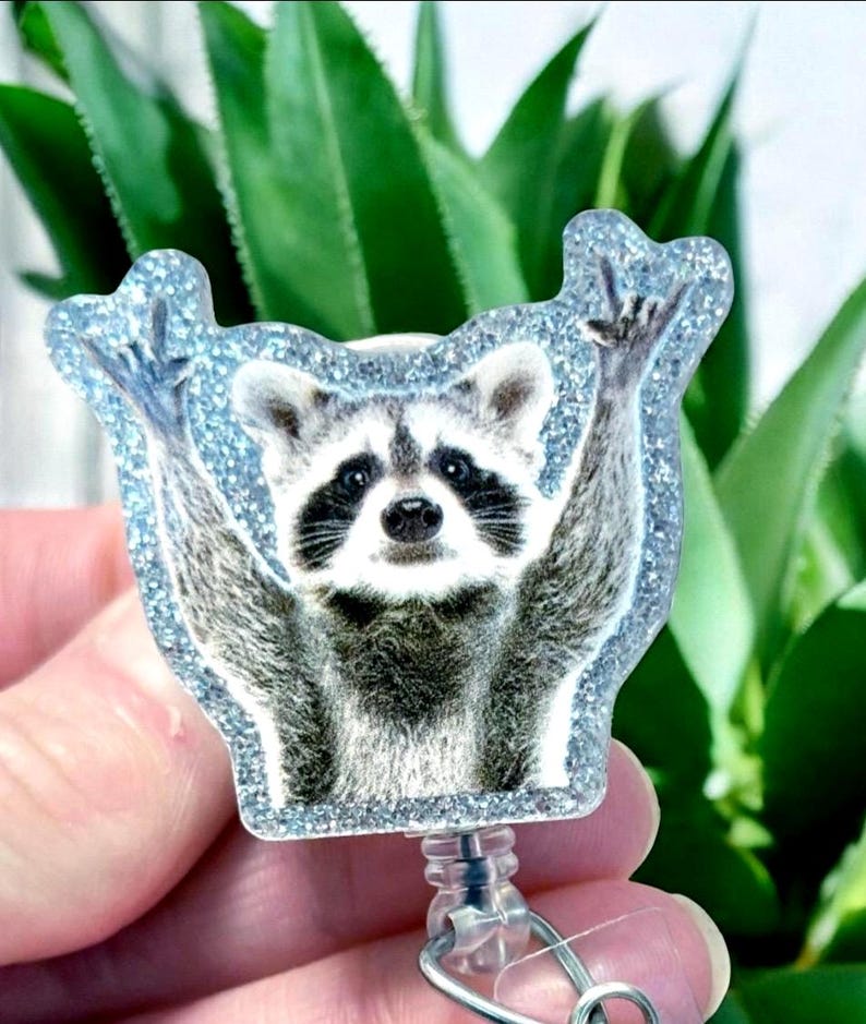 Rockin Raccoon Badge Reel, Funny Raccoon Badge Holder, Rock Out Badge Reel, Love Raccoons, Glitter Raccoon Badge, Unhinged Raccoon Badge image 1