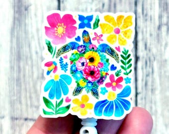 Summer Badge Reel, Floral Turtle Badge Holder, Sea Turtle and Flowers, Beach Lover Badge, Cruise Room Key Holder, Turtle Lover Gift, ID Clip
