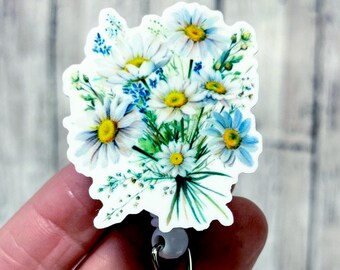 Blue Wildflower Badge Reel, Blue White Floral Badge Holder, Vintage Flowers, Nurse Week Gift, Floral Badge Gift, Blue Yellow Flowers, Spring