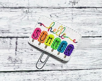Hello Summer Planner Clip, Hello Feltie Clip Summer Planner Clip, Popsicles Paperclip Summer Paper Clip Bookmark, Glitter Summer Paperclip