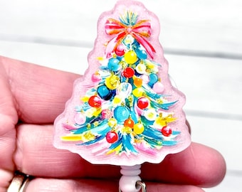 Pretty Christmas Tree Badge Reel, Christmas Ornament Badge Holder, Merry Christmas Badge Id Clip, Pink Christmas Tree, Holiday Bow Badge ID