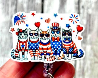 Patriotic Cat Badge Reel | Funny 4th of July Cat Badge | Red White Blue Badge Reel | Cat Lover Gift | USA Cats ID Holder | Animal Badge Clip
