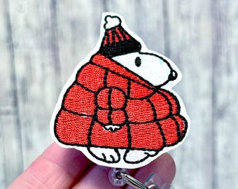 Winter Dog Badge Reel, Puffy Coat Dog Feltie Badge Topper, Its Cold Outside, White Dog Badge Id Clip, Beagle Dog Badge Reel, Funny Winter Id