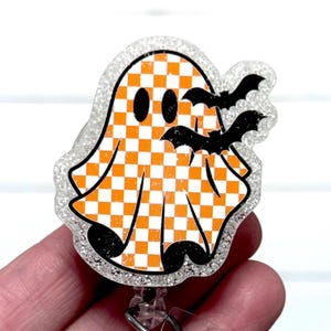 Ghost Badge Holder, Orange Checkered Ghost Badge Reel, Spooky Cute Ghost, Halloween Badge Reel, Checker Ghost Badge ID Clip, Boo Ghost Badge