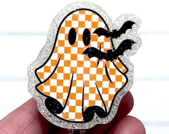 Ghost Badge Holder, Orange Checkered Ghost Badge Reel, Spooky Cute Ghost, Halloween Badge Reel, Checker Ghost Badge ID Clip, Boo Ghost Badge