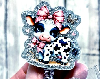 Cute Cow Badge Reel | Pink Bow Cow Nurse Badge Holder | Glitter Animal ID Reel | Nurse Gift | Retractable Badge Clip | Cow Lover Gift
