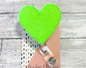 Nurse Badge Reel, NEON GREEN Heart Badge Reel, Medical Badge Holder, Retractable Id Badge Reel, Nurse Week Gift, Chunky Glitter Badgie