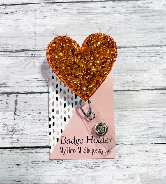 Orange Chunky Glitter Heart Badge Reel, Heart Badge Holder