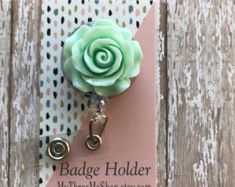 Nurse Badge Reel, Mint Rose Badge Reel, Retractable Id Badge Reel, Gift for Nurses Teachers, Name Badge Holder, Badge Pull, ID tag clip