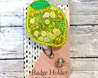 Lemon Badge Reel, Nurse Badge Reel, Medical Badge Holder, Hospital ID Badge Reel, Lemon Badge Topper, Glitter Badge Pull, Name Tag Holder