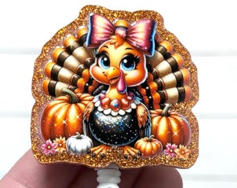 Girly Turkey Badge Reel, Thanksgiving Badge Holder, Gobble Gobble Badge Reel, Pretty Turkey Badge, Coquette Turkey Badge Reel, Fall Badge