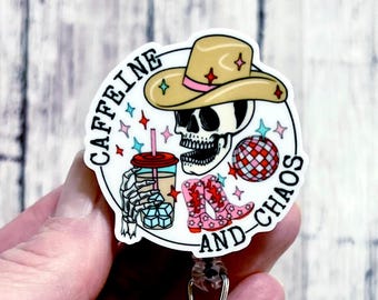 Caffeine and Chaos Badge Reel, Registered Nurse Badge ID Holder, Skeleton Badge Reel, Caffeine Badge Gift, Nurses Week, ER Nurse Badge, ICU
