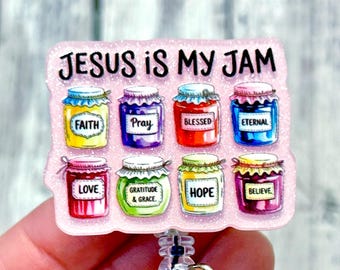 Jesus Is My Jam Badge Reel | Pink Glitter Christian Badge | Faith Nurse Gift | Religious Reel | Bible Inspired Gift | Christian Accessory