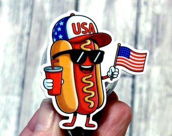 Patriotic Hot Dog Badge Reel | USA Badge Holder | Funny 4th of July Id Clip | Summer Nurse Badge Reel | Red White Blue ID Holder | BBQ Gift