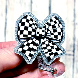 Checkered Bow Badge Reel, Black and White Checkered Coquette Bow Badge, Girly Badge Reel, Ribbon Badge Holder, Racing Bow Badge, LDRP Badge