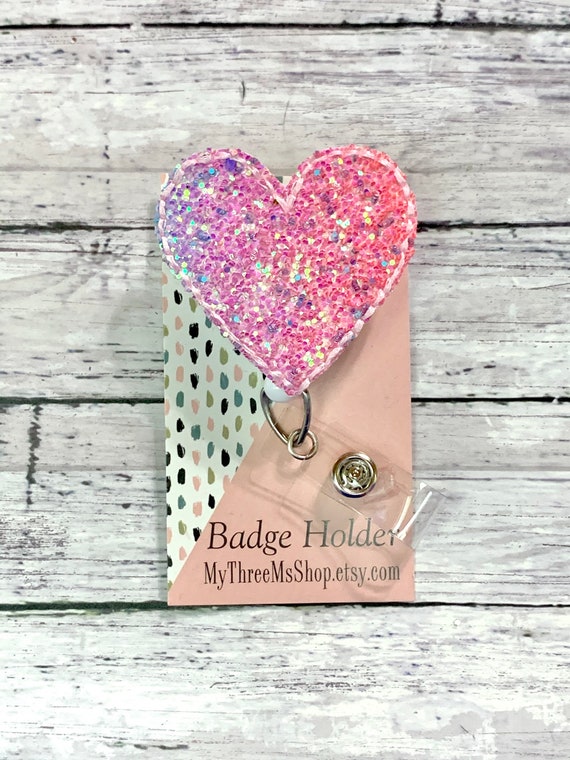 Pink Chunky Glitter Badge Reel Heart Badge Holder, Nurse Badge