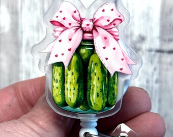 Pickle Badge Reel, Jar of Pickles Badge Holder, Pink Bow Badge Reel, Coquette Pickles Badge Reel, Pickle Lover Badge Reel, Co Worker Gift