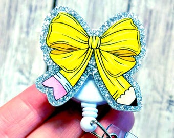 Yellow Bow Badge Reel | Teacher Badge Holder | Pencil Bow Badge Clip | Cute School Badge Reel | Back to School Gift | Retractable ID Holder