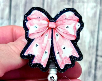 Ghost Bow Badge Reel, Pink Halloween Badge Holder, Boo Ghost Coquette Bow Badge Clip, Pink Ghost Bow, Halloween Badge Reel, Spooky Ghosts