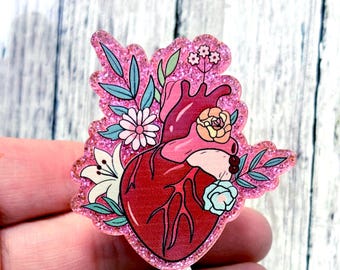 Floral Heart Badge Reel, Cardiologist Badge Holder, Cardio Nurse Badge, Anatomical Heart Flower Badge Reel, CVICU Nurse Gift, Nurse Week