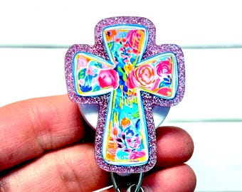 Floral Cross Badge Reel, Pink Cross Badge Holder, Christian Badge Reel Gift, Bright Flower Cross, Church Faith Jesus, God Is Good, Easter
